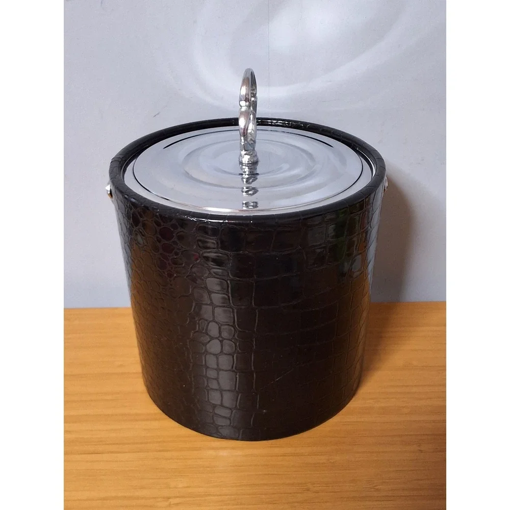 Vintage Irvinware Black Faux Crocodile Ice Bucket Chrome Lid Made in USA MCM